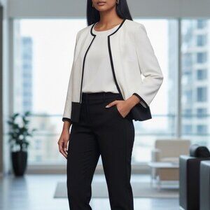 TALBOTS White Black Open Front Pique Career Classic Womens Blazer Size 12 Petite